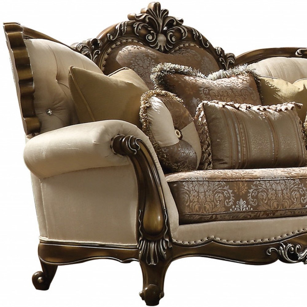 74" Tan And Brown Velvet Damask Curved Loveseat and Toss Pillows HomeRoots