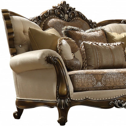 74" Tan And Brown Velvet Damask Curved Loveseat and Toss Pillows HomeRoots