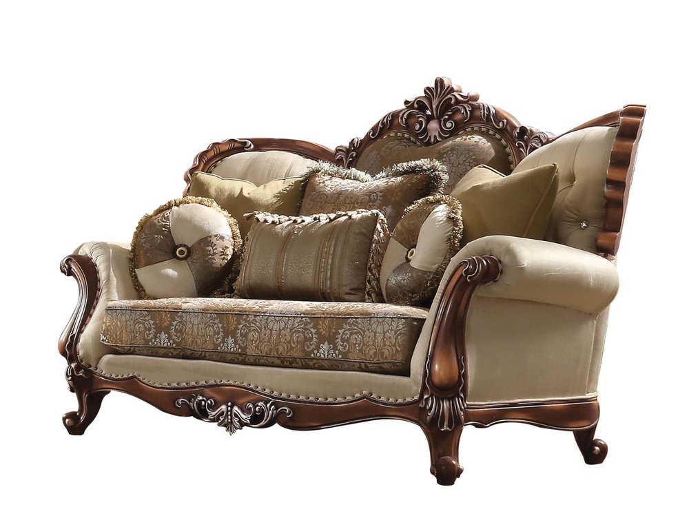 74" Tan And Brown Velvet Damask Curved Loveseat and Toss Pillows HomeRoots