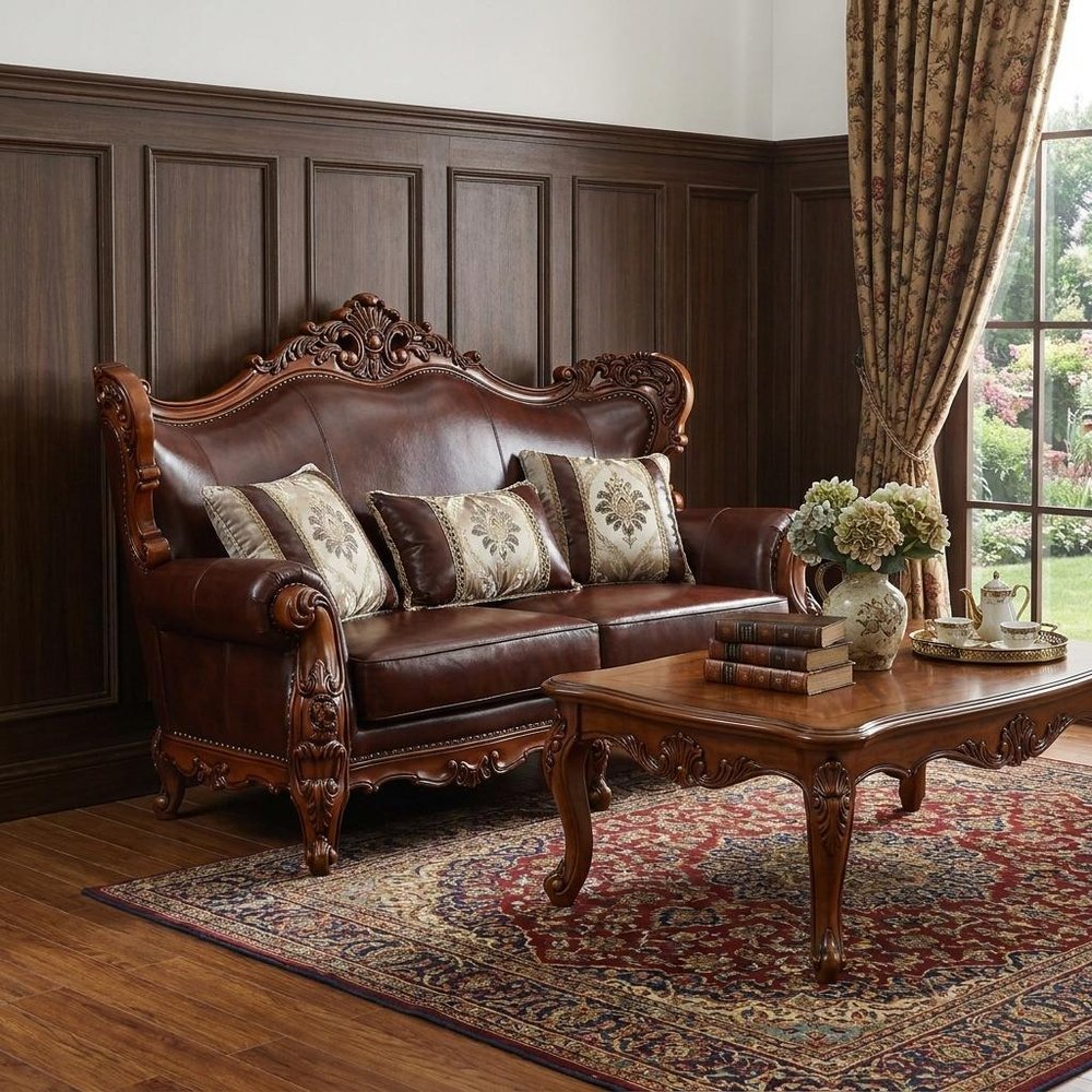 69" Brown And Walnut Top Grain Leather Curved Loveseat and Toss Pillows HomeRoots