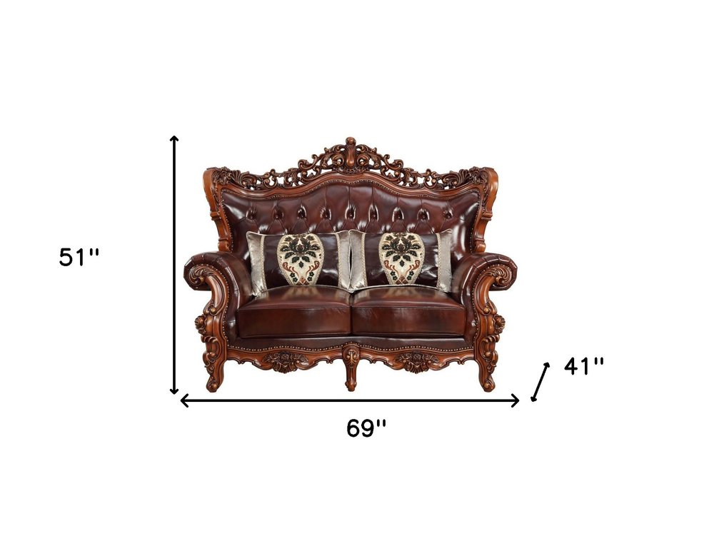 69" Brown And Walnut Top Grain Leather Curved Loveseat and Toss Pillows HomeRoots
