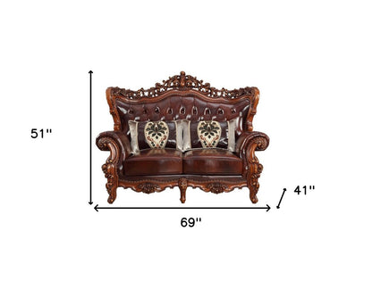 69" Brown And Walnut Top Grain Leather Curved Loveseat and Toss Pillows HomeRoots