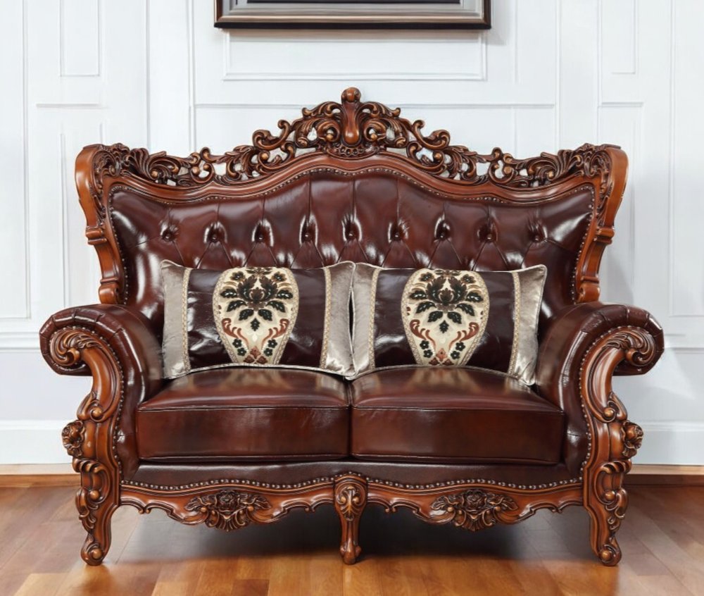 69" Brown And Walnut Top Grain Leather Curved Loveseat and Toss Pillows HomeRoots