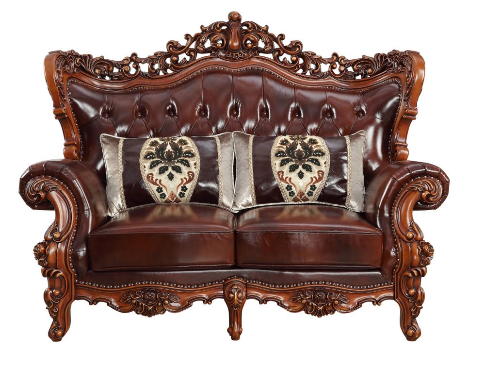 69" Brown And Walnut Top Grain Leather Curved Loveseat and Toss Pillows HomeRoots
