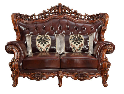 69" Brown And Walnut Top Grain Leather Curved Loveseat and Toss Pillows HomeRoots