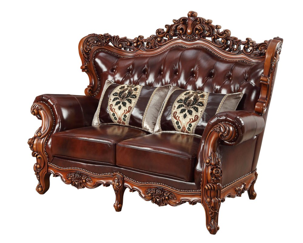 69" Brown And Walnut Top Grain Leather Curved Loveseat and Toss Pillows HomeRoots