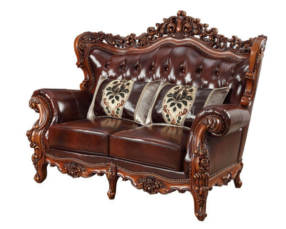 69" Brown And Walnut Top Grain Leather Curved Loveseat and Toss Pillows HomeRoots