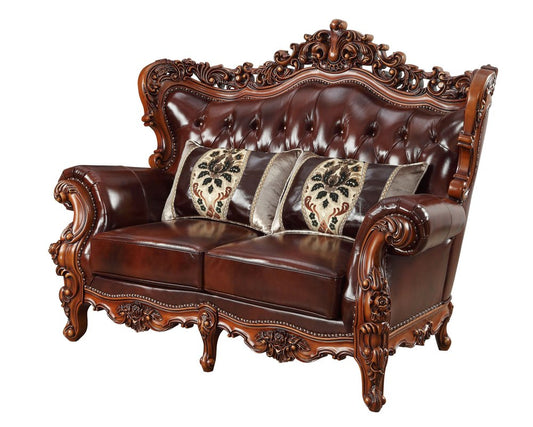 69" Brown And Walnut Top Grain Leather Curved Loveseat and Toss Pillows HomeRoots