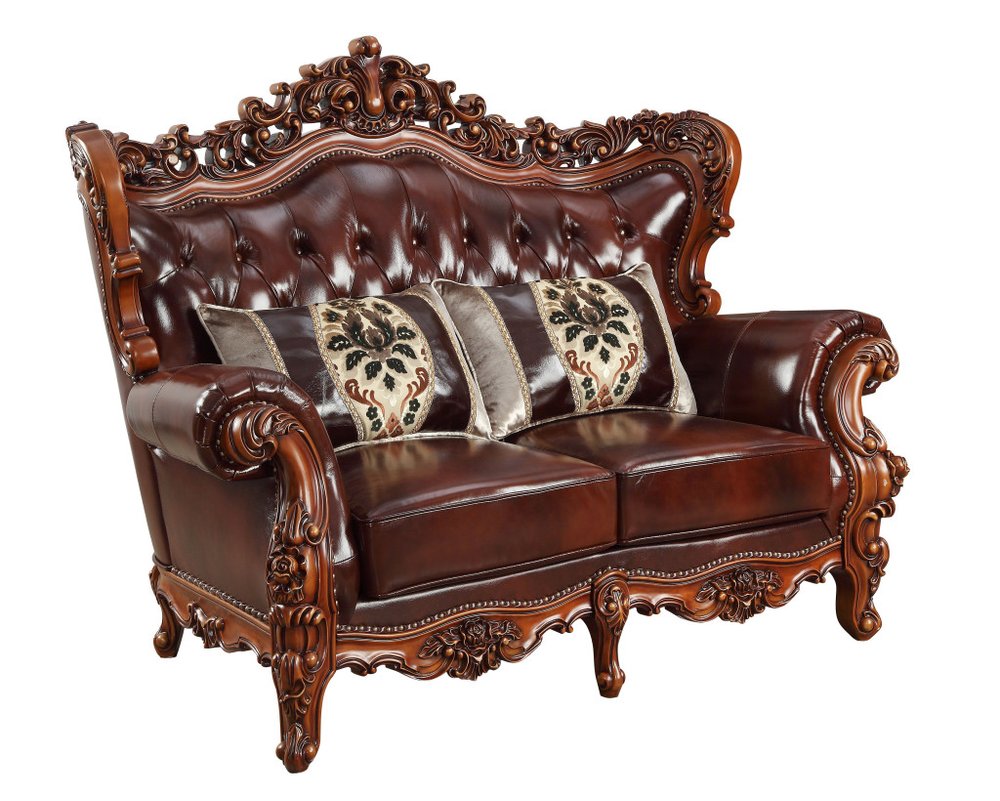 69" Brown And Walnut Top Grain Leather Curved Loveseat and Toss Pillows HomeRoots