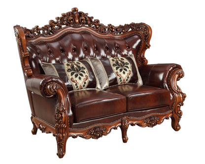69" Brown And Walnut Top Grain Leather Curved Loveseat and Toss Pillows HomeRoots