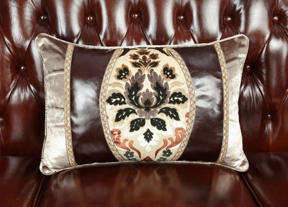 69" Brown And Walnut Top Grain Leather Curved Loveseat and Toss Pillows HomeRoots