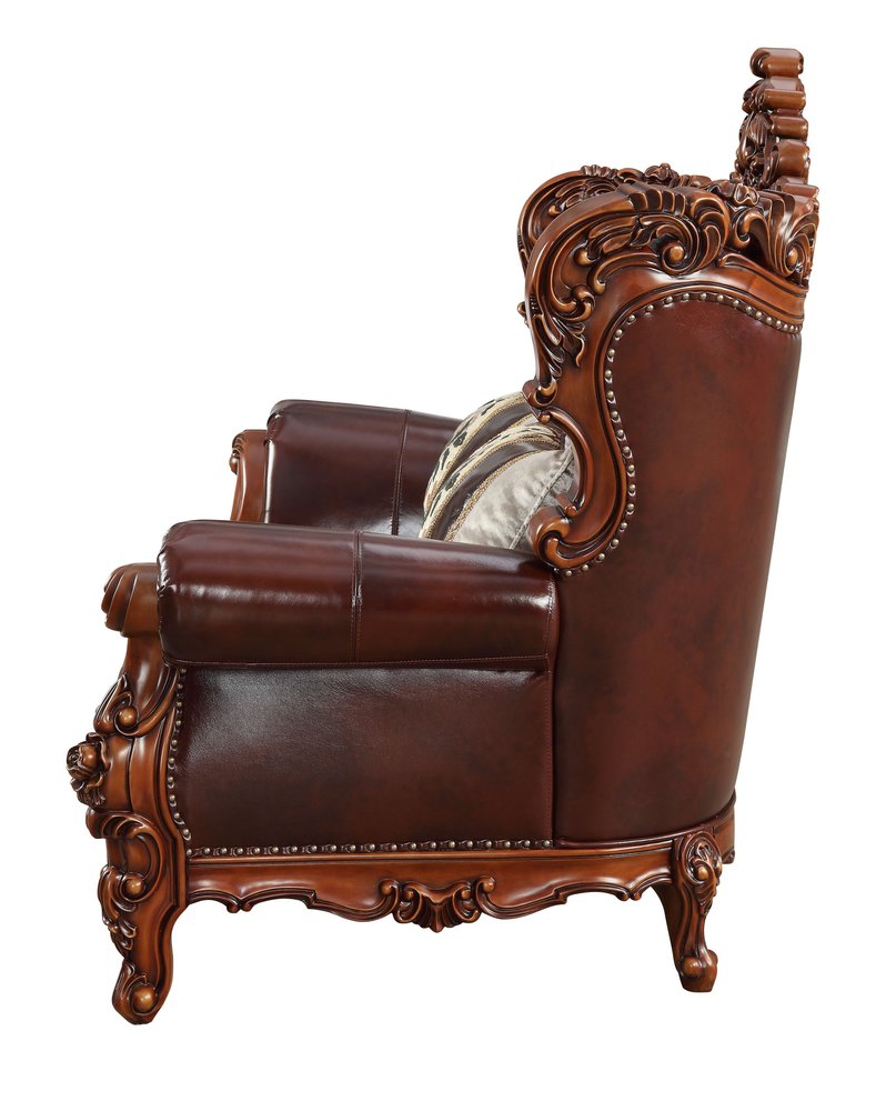 69" Brown And Walnut Top Grain Leather Curved Loveseat and Toss Pillows HomeRoots