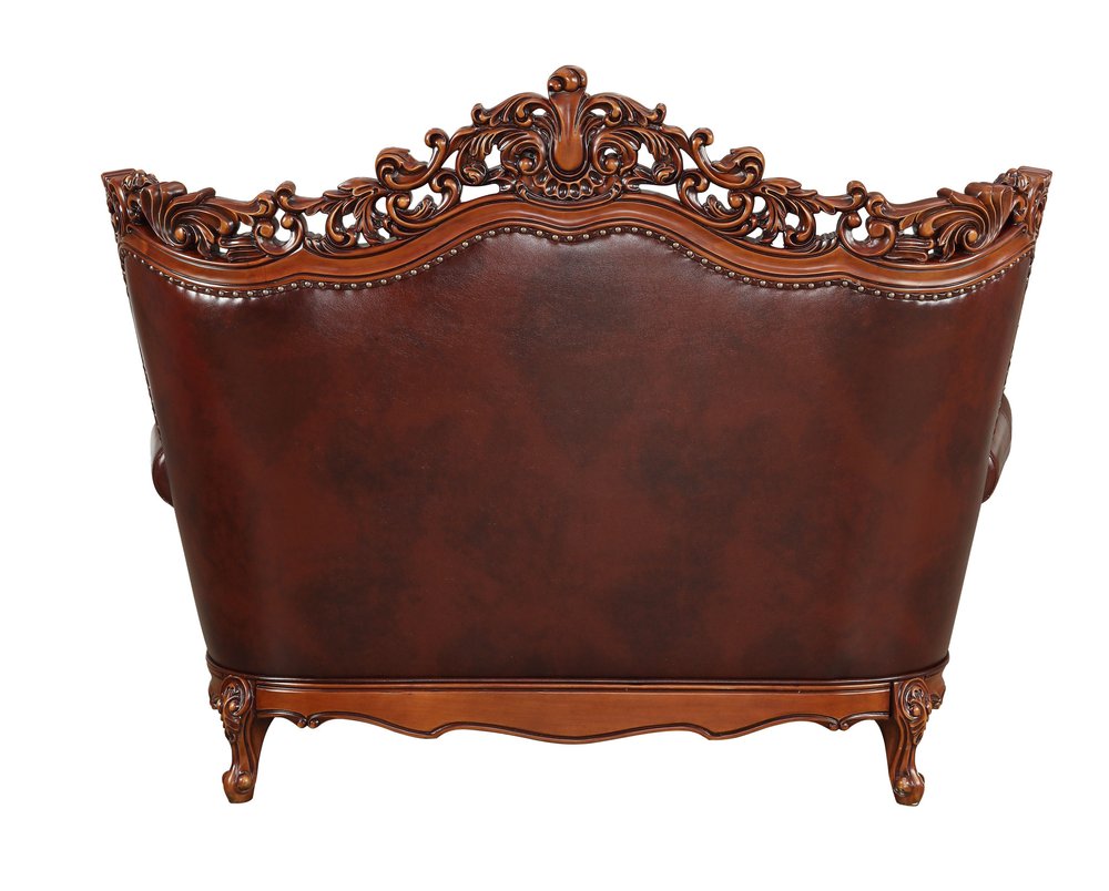69" Brown And Walnut Top Grain Leather Curved Loveseat and Toss Pillows HomeRoots