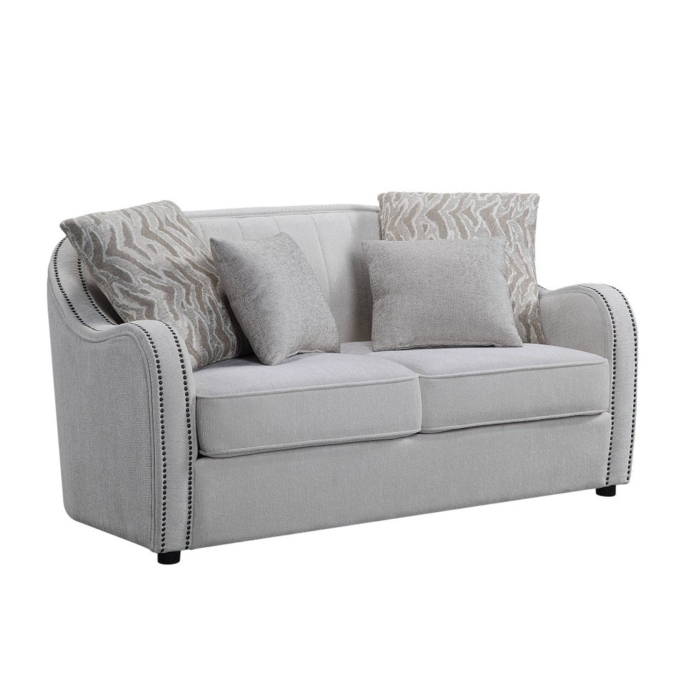 63" Beige And Black Linen Curved Loveseat and Toss Pillows HomeRoots