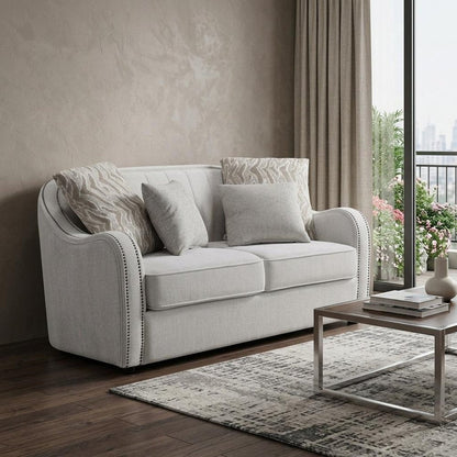 63" Beige And Black Linen Curved Loveseat and Toss Pillows HomeRoots