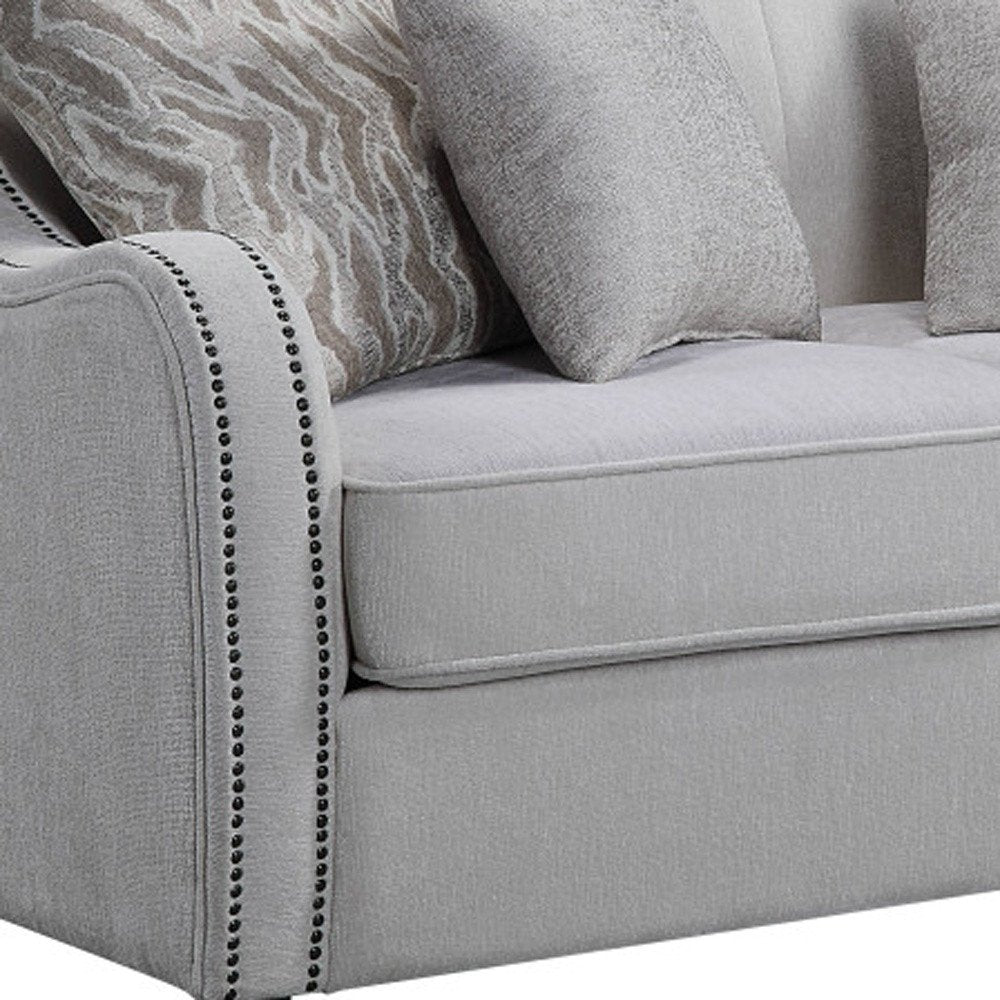 63" Beige And Black Linen Curved Loveseat and Toss Pillows HomeRoots