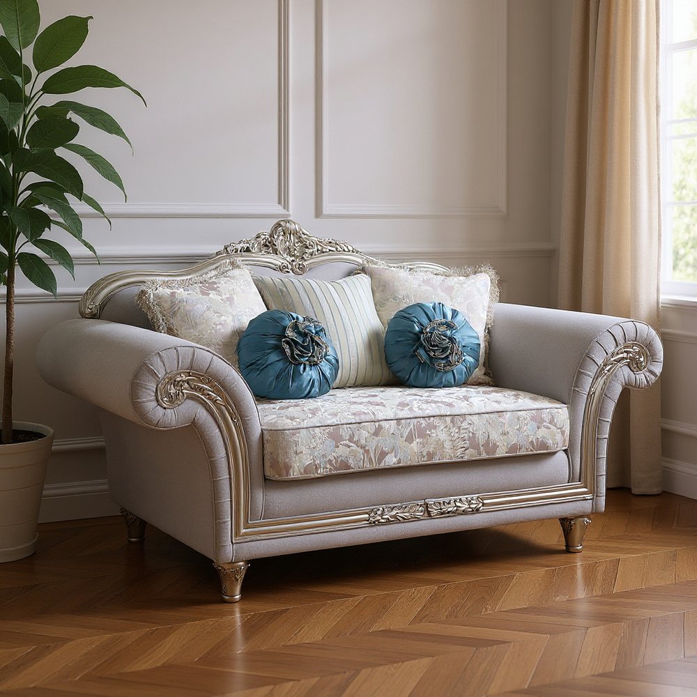 76" Light Gray And Platinum Linen Loveseat and Toss Pillows HomeRoots