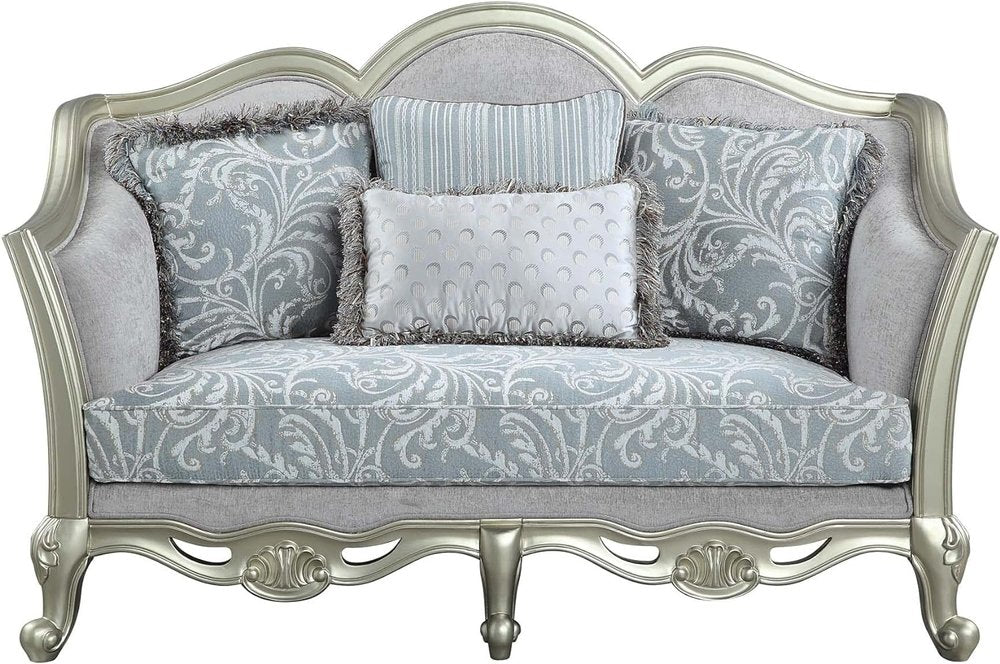 66" Light Gray And Champagne Linen Damask Loveseat and Toss Pillows HomeRoots
