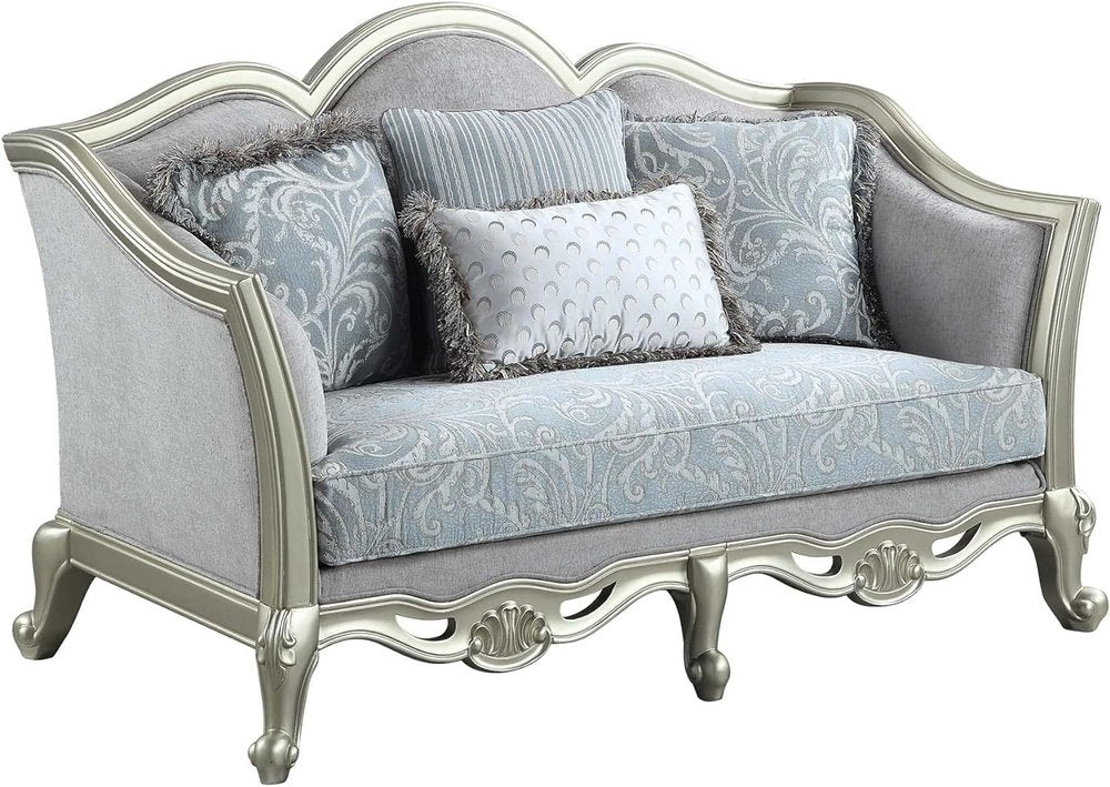66" Light Gray And Champagne Linen Damask Loveseat and Toss Pillows HomeRoots