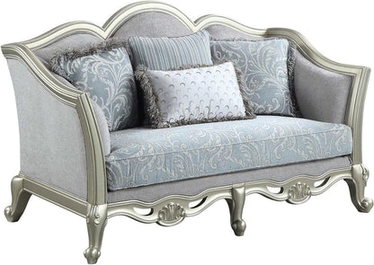 66" Light Gray And Champagne Linen Damask Loveseat and Toss Pillows HomeRoots