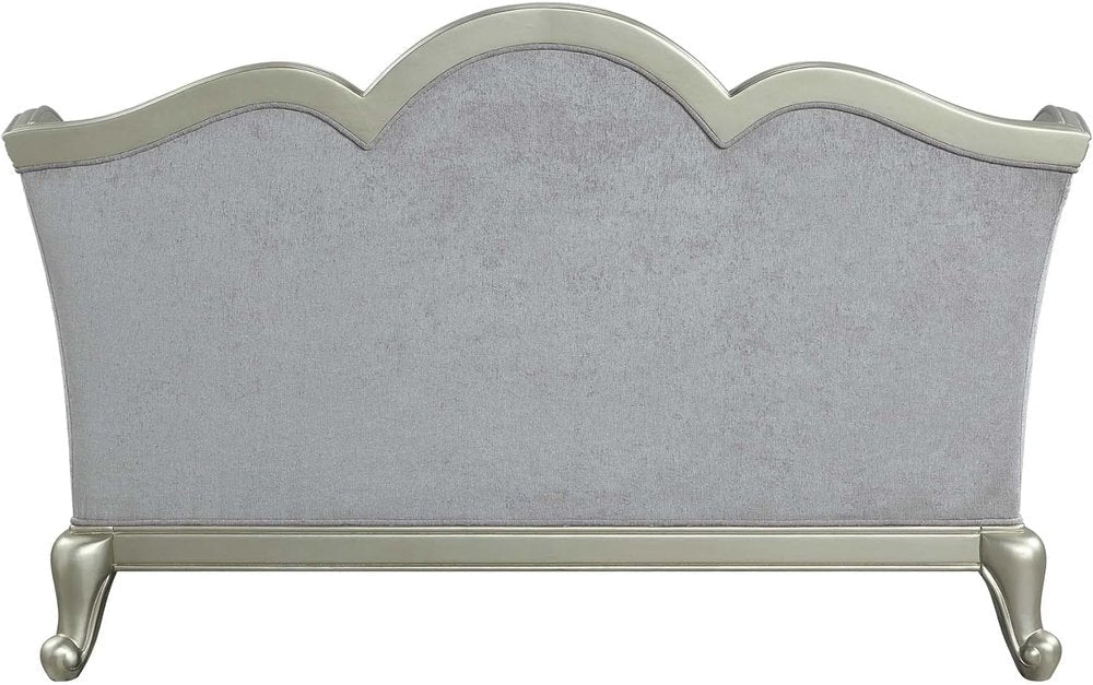 66" Light Gray And Champagne Linen Damask Loveseat and Toss Pillows HomeRoots