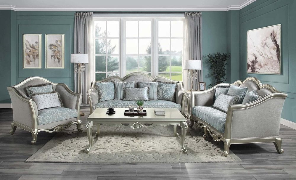 66" Light Gray And Champagne Linen Damask Loveseat and Toss Pillows HomeRoots
