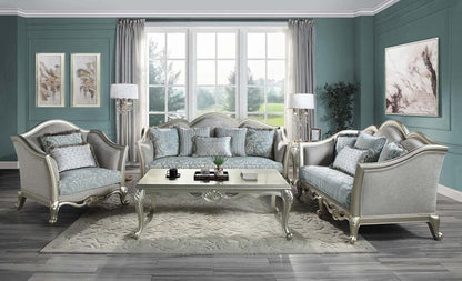 66" Light Gray And Champagne Linen Damask Loveseat and Toss Pillows HomeRoots