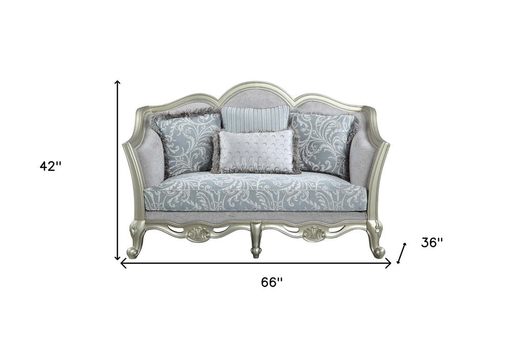 66" Light Gray And Champagne Linen Damask Loveseat and Toss Pillows HomeRoots