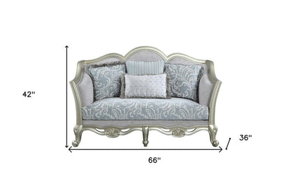 66" Light Gray And Champagne Linen Damask Loveseat and Toss Pillows HomeRoots