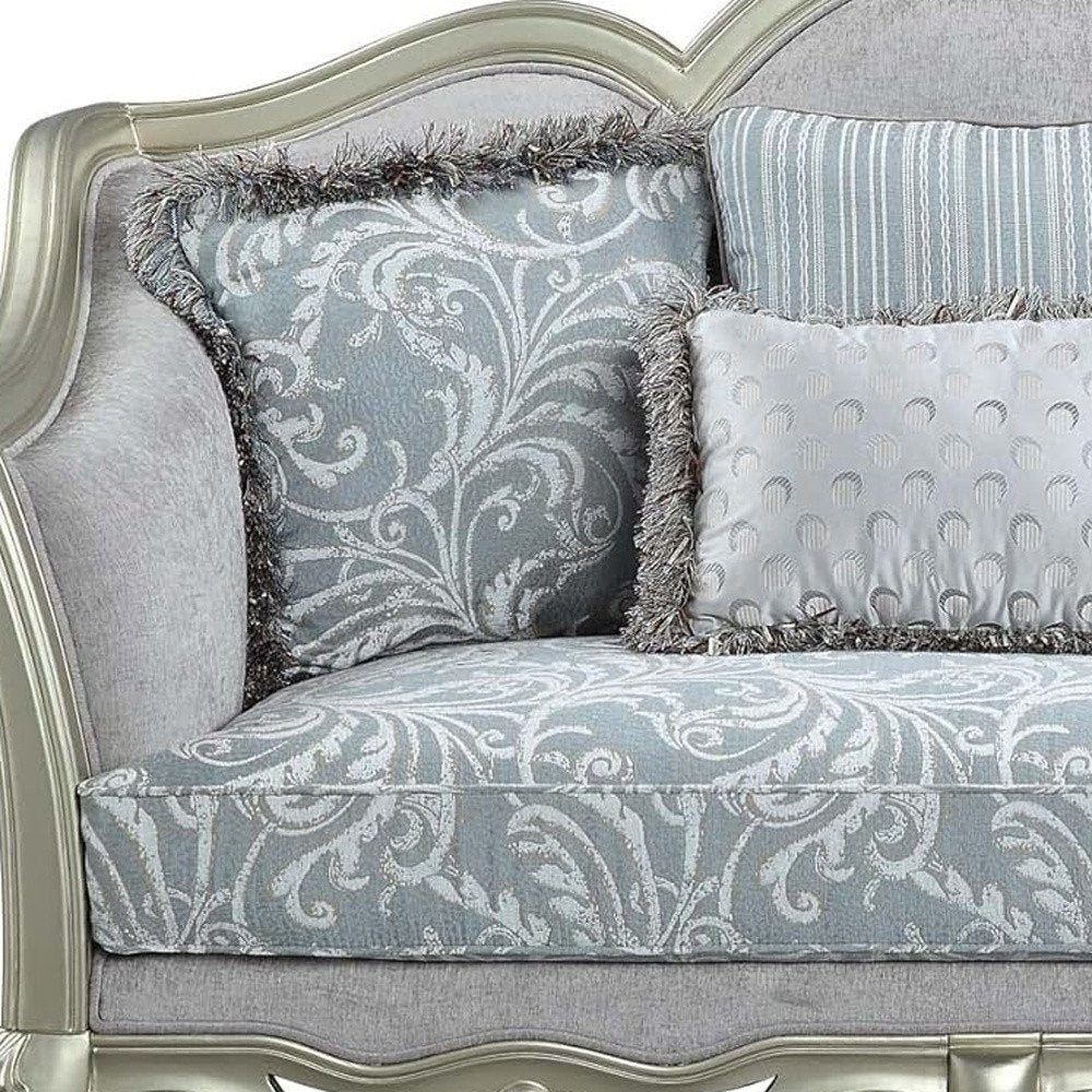 66" Light Gray And Champagne Linen Damask Loveseat and Toss Pillows HomeRoots