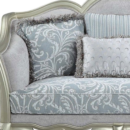 66" Light Gray And Champagne Linen Damask Loveseat and Toss Pillows HomeRoots