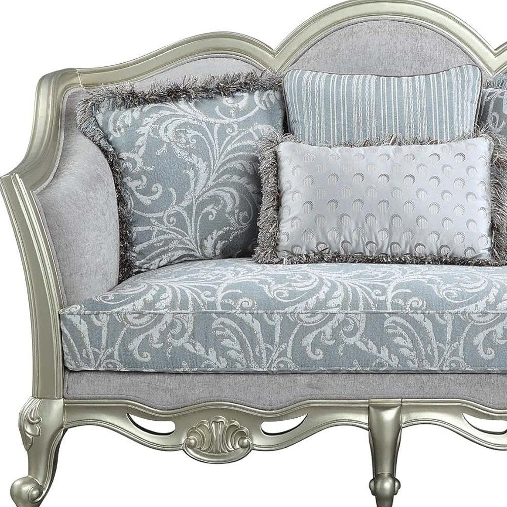 66" Light Gray And Champagne Linen Damask Loveseat and Toss Pillows HomeRoots