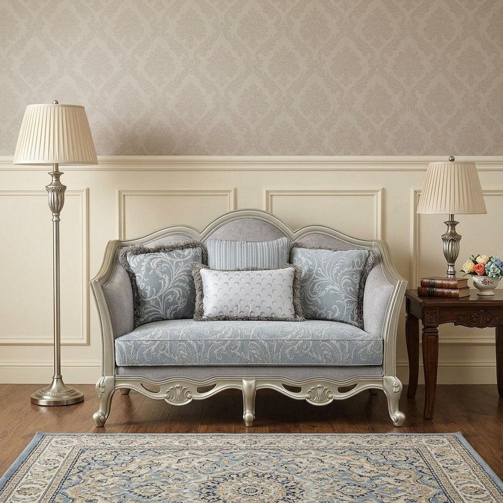 66" Light Gray And Champagne Linen Damask Loveseat and Toss Pillows HomeRoots