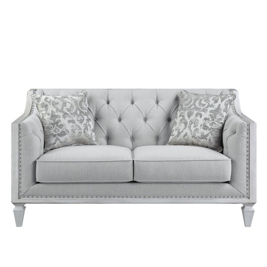 61" Light Gray And Off White Loveseat and Toss Pillows