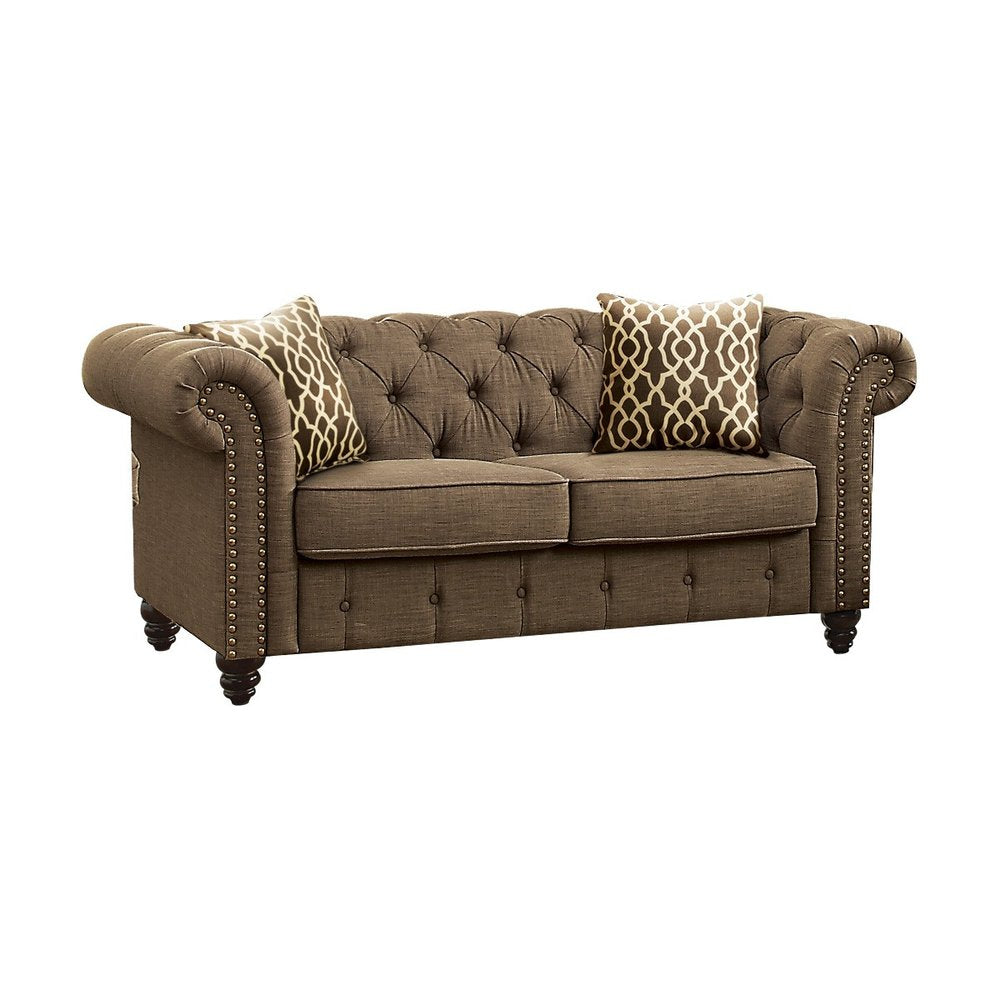 67" Brown And Dark Brown Linen Loveseat HomeRoots
