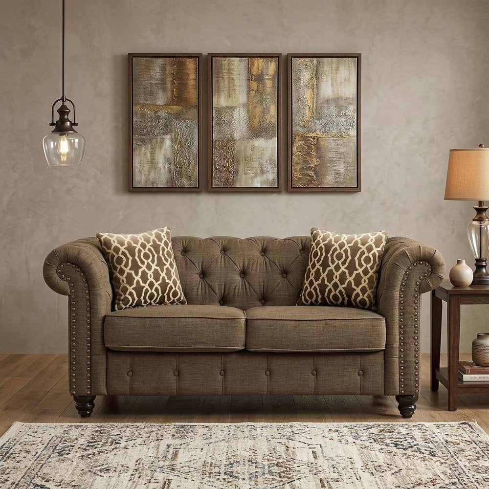 67" Brown And Dark Brown Linen Loveseat HomeRoots