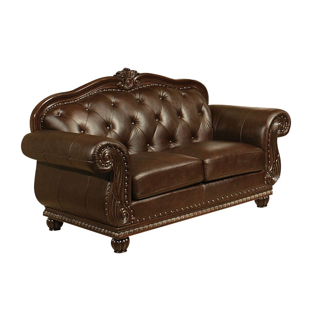 70" Espresso Faux Leather And Black Nailhead Love Seat HomeRoots