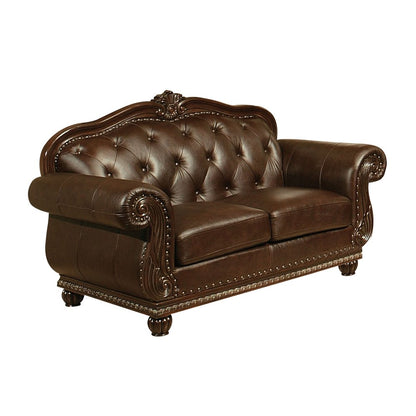 70" Espresso Faux Leather And Black Nailhead Love Seat HomeRoots