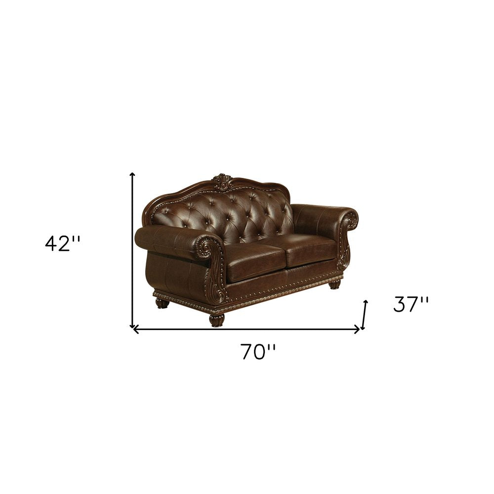 70" Espresso Faux Leather And Black Nailhead Love Seat HomeRoots