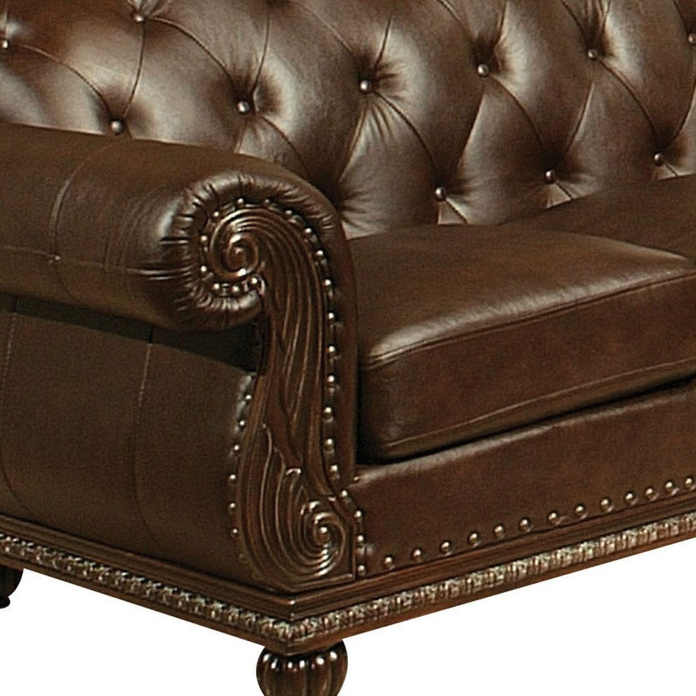 70" Espresso Faux Leather And Black Nailhead Love Seat HomeRoots