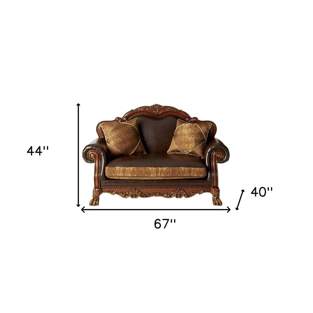67" Brown And Redwood Faux Leather Loveseat and Toss Pillows HomeRoots