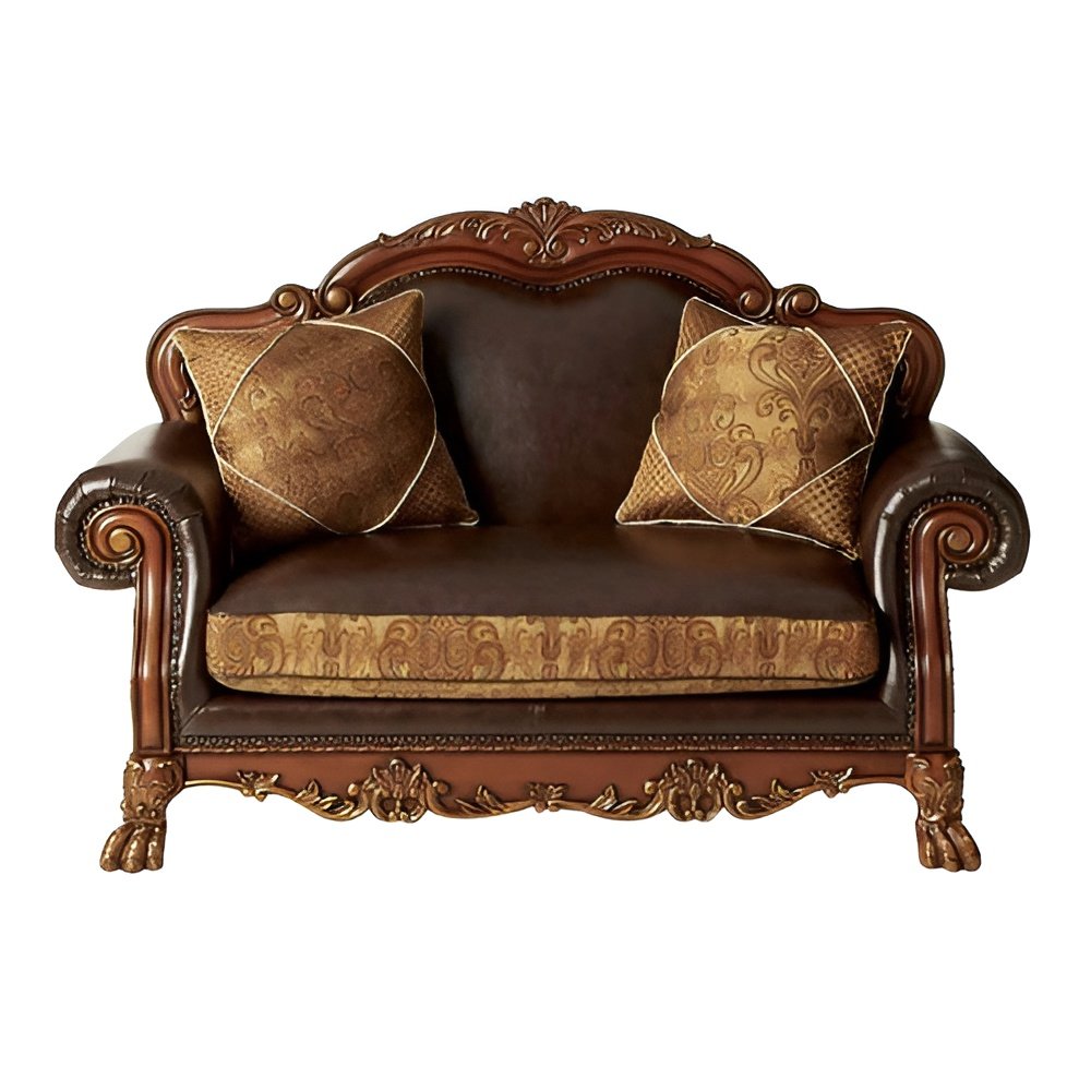 67" Brown And Redwood Faux Leather Loveseat and Toss Pillows HomeRoots