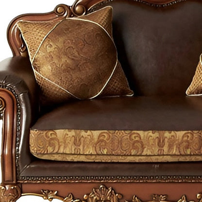 67" Brown And Redwood Faux Leather Loveseat and Toss Pillows HomeRoots