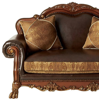 67" Brown And Redwood Faux Leather Loveseat and Toss Pillows HomeRoots