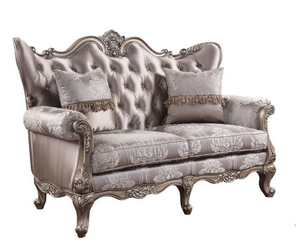 68" Pink And Platinum Silk Blend Loveseat and Toss Pillows HomeRoots