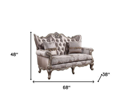 68" Pink And Platinum Silk Blend Loveseat and Toss Pillows HomeRoots