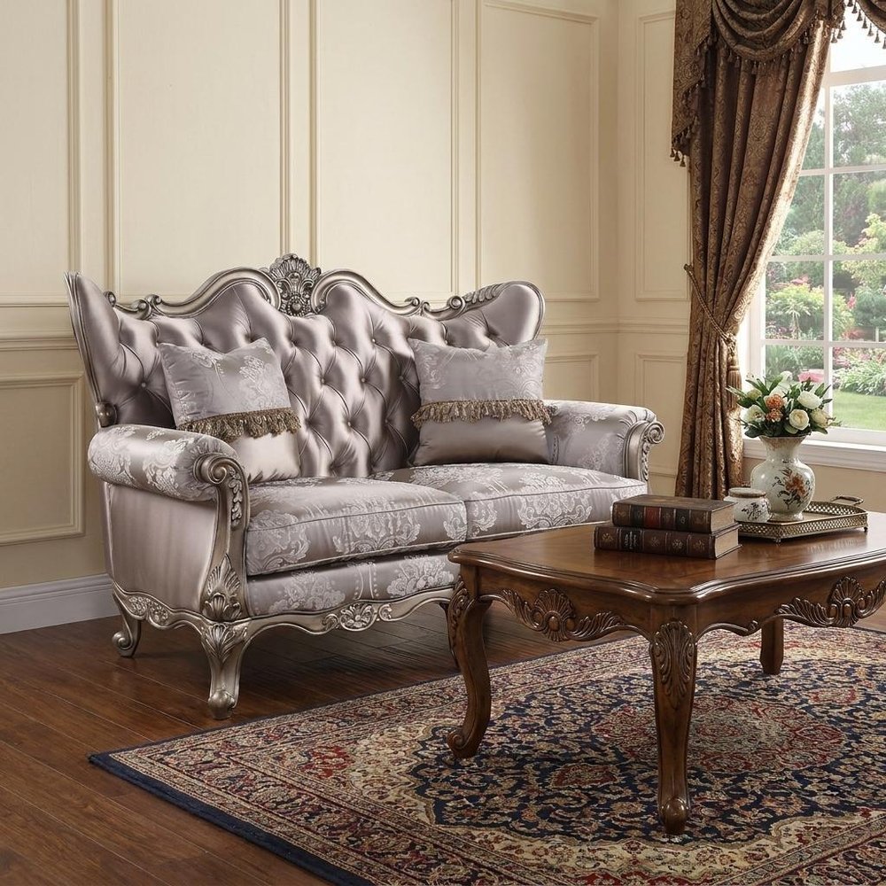 68" Pink And Platinum Silk Blend Loveseat and Toss Pillows HomeRoots