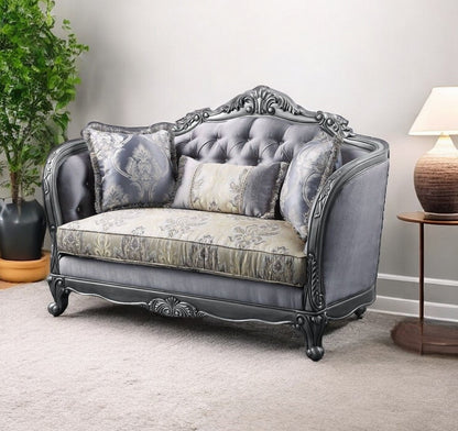 65" Gray And Platinum Silk Blend Loveseat and Toss Pillows