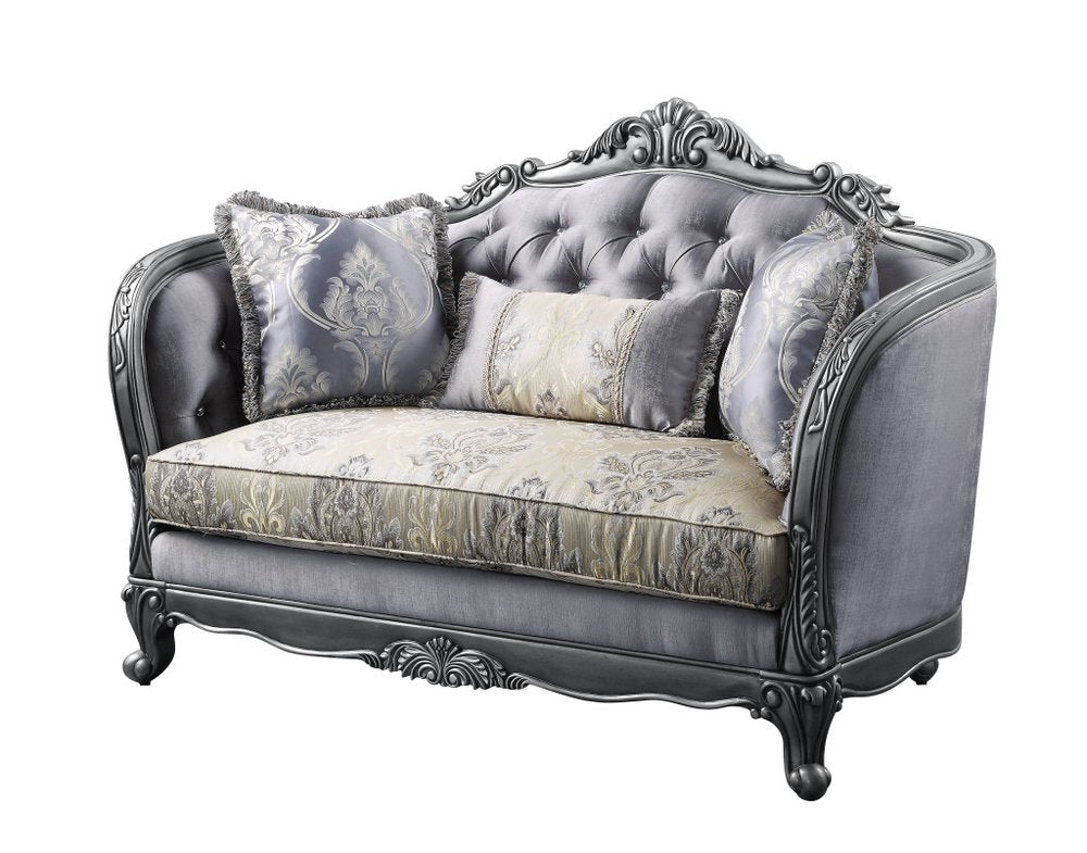 65" Gray And Platinum Silk Blend Loveseat and Toss Pillows HomeRoots
