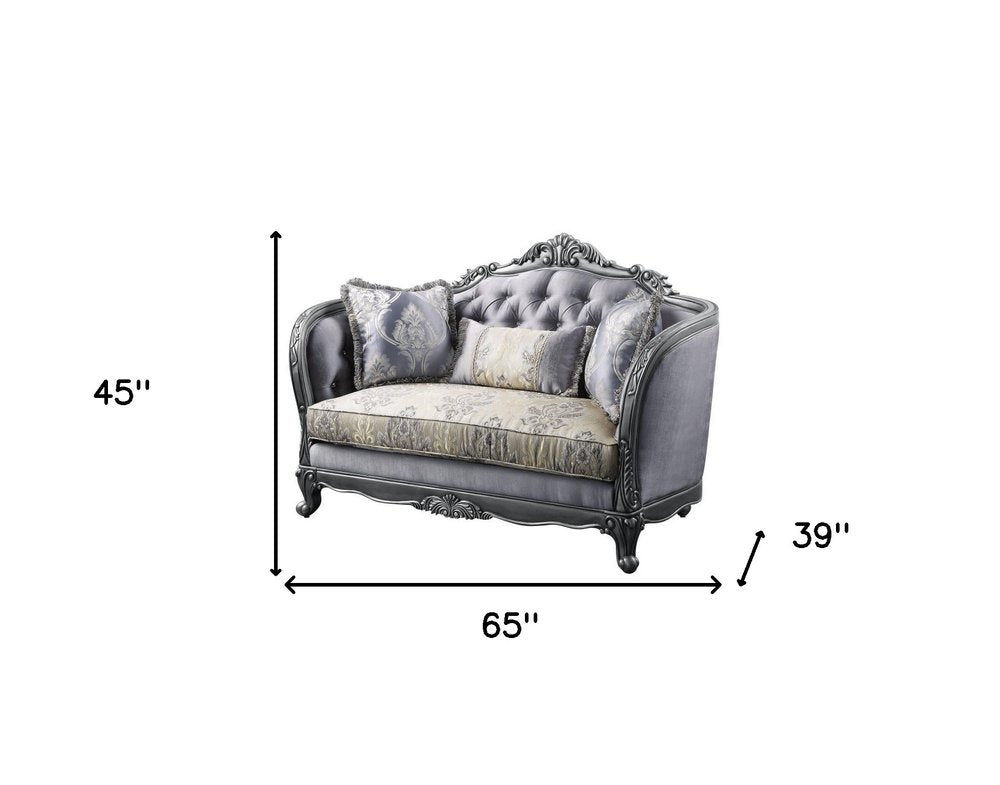 65" Gray And Platinum Silk Blend Loveseat and Toss Pillows HomeRoots